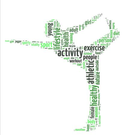 Words illustration of woman doing exercise in white backgroundの写真素材