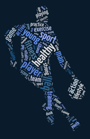 Words illustration of a man playing basketball over deep blue background