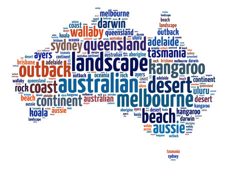 Words illustrations of Australia map over white backgroundの写真素材