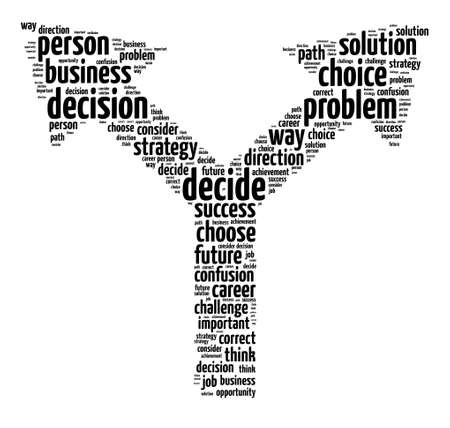 Words illustration of the concept of decision making over white background