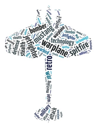 Words illustration of the warplane over white backgroundの写真素材