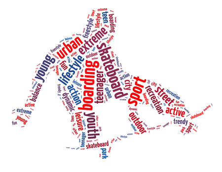 Words illustration of a boy skateboarding over white backgroundの写真素材
