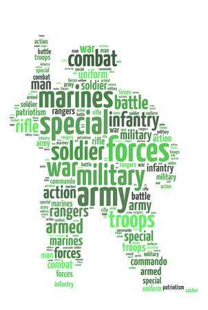 Words illustration concept of a soldier over white backgroundの写真素材