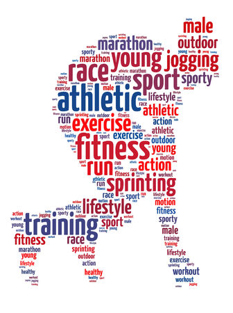 Words illustration of an athlete ready to sprint over white backgroundの写真素材