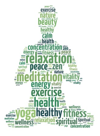 Words illustration of the concept of yoga and meditation over white backgroundの写真素材