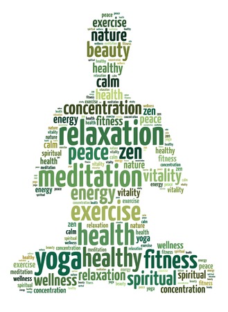 Words illustration of the concept of yoga and meditation over white backgroundの写真素材