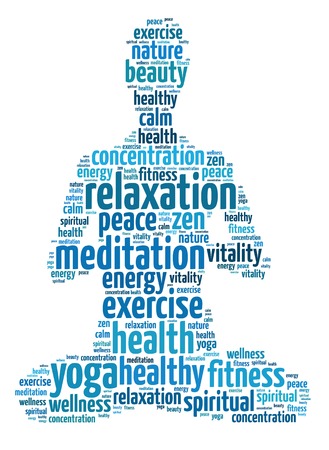 Words illustration of the concept of yoga and meditation over white backgroundの写真素材
