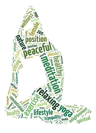 Words illustration of the concept of yoga and meditation over white backgroundの写真素材