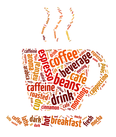 Words illustration of the concept of coffee beverage over white backgroundの写真素材