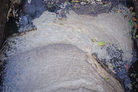 Dirty stains on the surface of the water polluted as a result of run-off of waste industrial water....