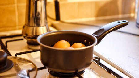 Oganice eggs boiling in a pot in the kitchen room.Healthy food, Weight loss diet food.の写真素材