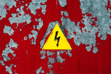 warning sign on a cracked old paint dirty wall backgroundの写真素材