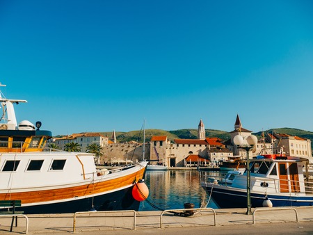 Mooring for yachts near the old town of Trogir, Croatia.の写真素材