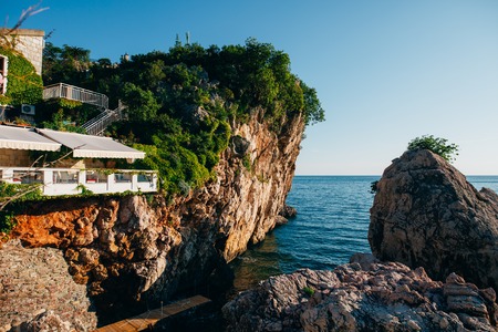 Przno, Montenegro. Restaurant on the cliff near the sea.の写真素材