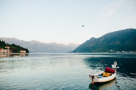 Fishing boats in the Bay of Kotor in Montenegro.の写真素材