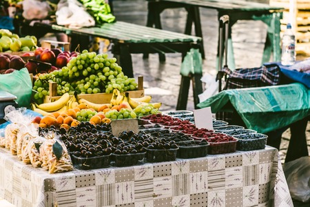 Berries in boxes on the market. Market Showcase with berries. The market in the old town of Dubrovnik, Croatia.の写真素材