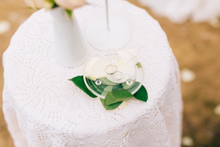 A table for a wedding ceremony. Wedding decorations. Wedding at the sea in Montenegro.の写真素材