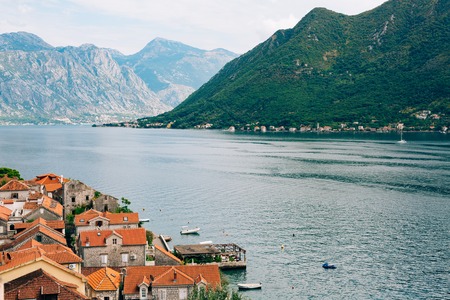Perast view from the tower. Photos from the height, from the chapel of the church. Kotor Bay, Montenegro.の写真素材