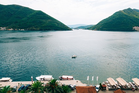 Perast view from the tower. Photos from the height, from the chapel of the church. Kotor Bay,...
