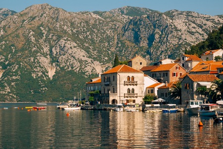The old town of Perast on the shore of Kotor Bay, Montenegro. The ancient architecture of the Adriatic and the Balkans. Fishermens cities of Europe.の写真素材