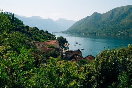 Sailboat in the ancient town of Perast in Bay of Kotor, Montenegroの写真素材