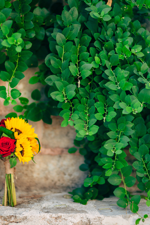 Wedding bridal bouquet of sunflowers in on a stone bench and hanging on the background of green leaves. Wedding in Montenegro, Perast.の写真素材