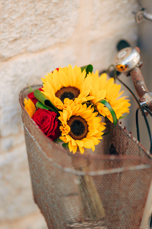 Wedding bridal bouquet of sunflowers in the basket of the bicycle. Wedding in Montenegro, Perast.の写真素材