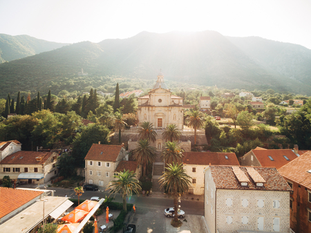 Prcanj, Montenegro The Bay of Kotor. Church of the Nativity of the Virgin. Aerial photography.の写真素材