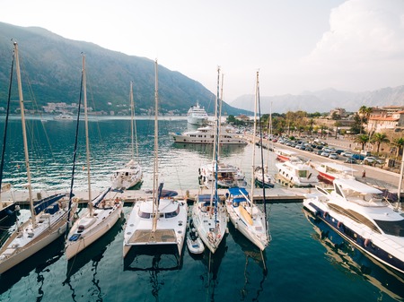 Sailboat near the old town of Kotor, Bay of Kotor, Montenegroの写真素材