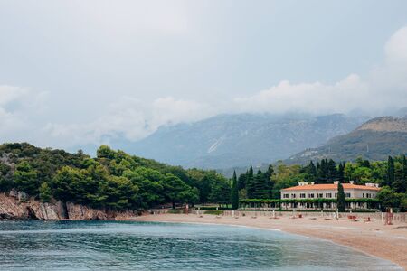 Beautiful romantic outdoor view with old luxury Villa Milocer Hotel in the park, Sveti Stefan, Milocer, Montenegro.の写真素材
