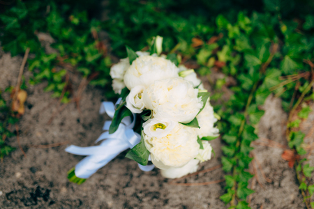 Wedding roses and peonies on the rocks. Wedding in Montenegro, Adriatic.の写真素材