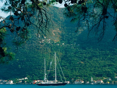 Yachts, boats, ships in the Bay of Kotor, Adriatic Sea, Montenegro Balkansの写真素材