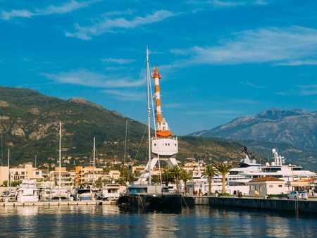 Crane on the quay in Tivat, Montenegro, Porto-Montenegro district.の写真素材