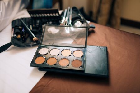 Professional make-up tools. A set of brushes, lipsticks, podvodok, shadows, carcass. Make-up artist doing make-up.の写真素材