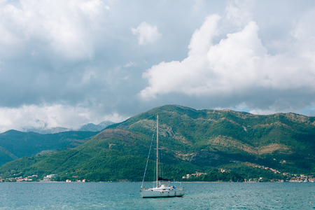 Yachts, boats, ships in the Bay of Kotor, Adriatic Sea, Montenegro Balkansの写真素材