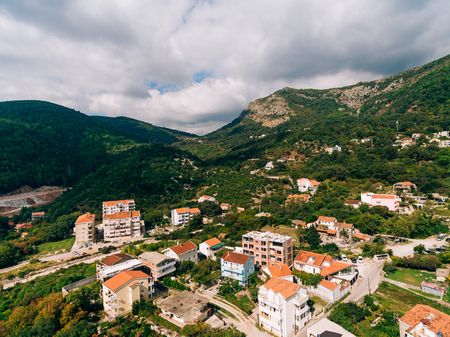 Construction of a multistory building in Budva, Podmayne district, near the monastery, Montenegro. aerial surveyの写真素材