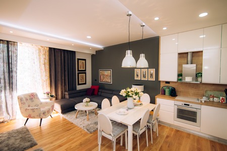 The dining table in the apartment. Table for lunch in the living room. Dining room.の写真素材