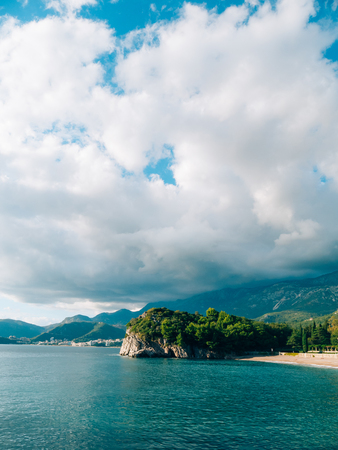 Private beach of the hotel Sveti Stefan, near the island. Montenegro, the Adriatic Sea.の写真素材