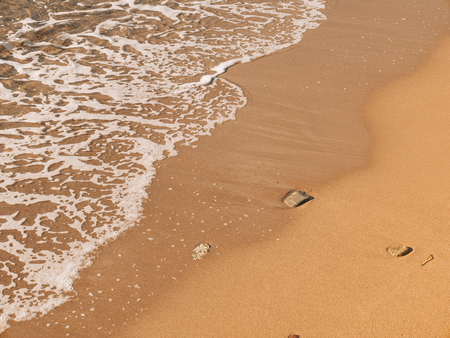 Sandy beach and waves, close-up. Texture of sand and water. Picture for the postcard. Vacation at sea. Advertising of the sea.の写真素材