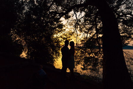 Silhouette of a newlywed couple at the sea at sunset. Wedding in Montenegro. Silhouettes of the couple, the bride and groom.の写真素材