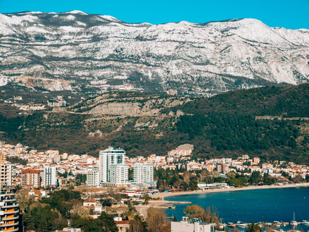 Snow-covered mountains of Budva in Montenegro, Adriatic seaの写真素材