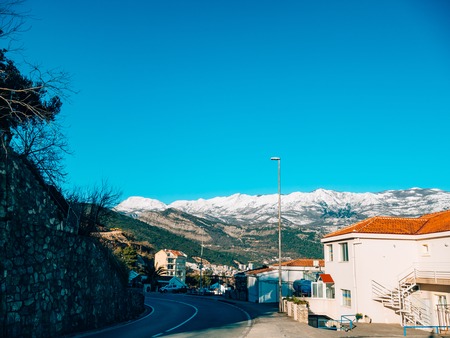 Snow-covered mountains of Budva in Montenegro, Adriatic seaの写真素材