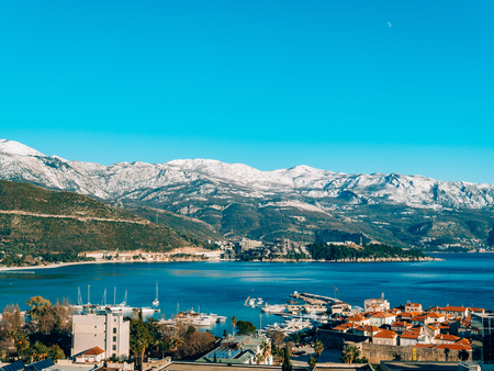 Snow-covered mountains of Budva in Montenegro, Adriatic seaの写真素材