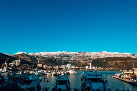 Snow-covered mountains of Budva in Montenegro, Adriatic seaの写真素材