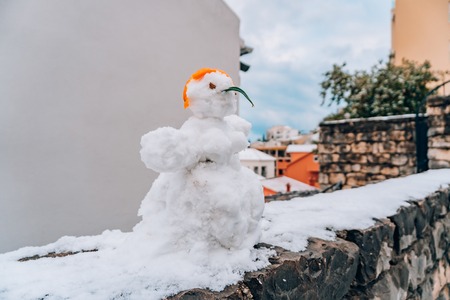 Snowman from the snow on the street in Budva, Montenegro.の写真素材