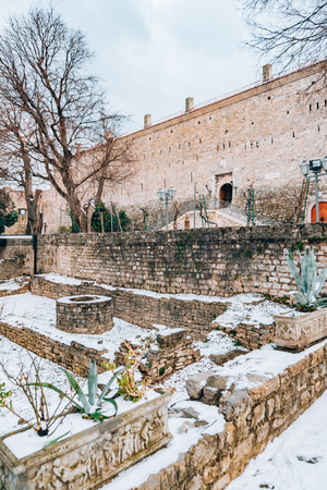 Budva's Old Town in the snow, Montenegro. The coast is covered with snow. An unusual phenomenon.の写真素材