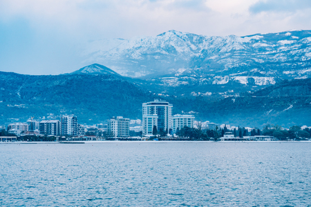 Snow-covered mountains of Budva in Montenegro, Adriatic seaの写真素材