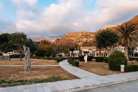 The territory of the park Sveti Stefan in front of the island. Montenegro, the Adriatic Sea, the Balkans.の写真素材