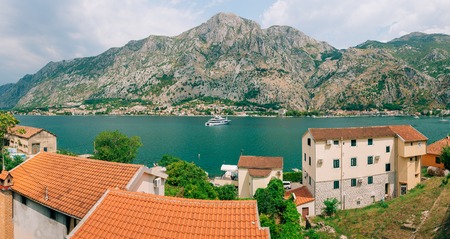 Yachts, boats, ships in the Bay of Kotor, Adriatic Sea, Montenegro Balkansの写真素材