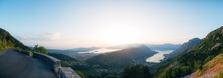 Bay of Kotor with birds-eye view. The town of Kotor, Muo, Prcanj, Tivat. View of the mountains, sea, cloudsの写真素材